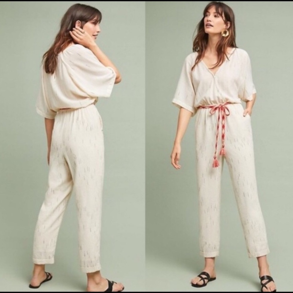 NWOT Anthropologie Feather Bone Belted Jumpsuit